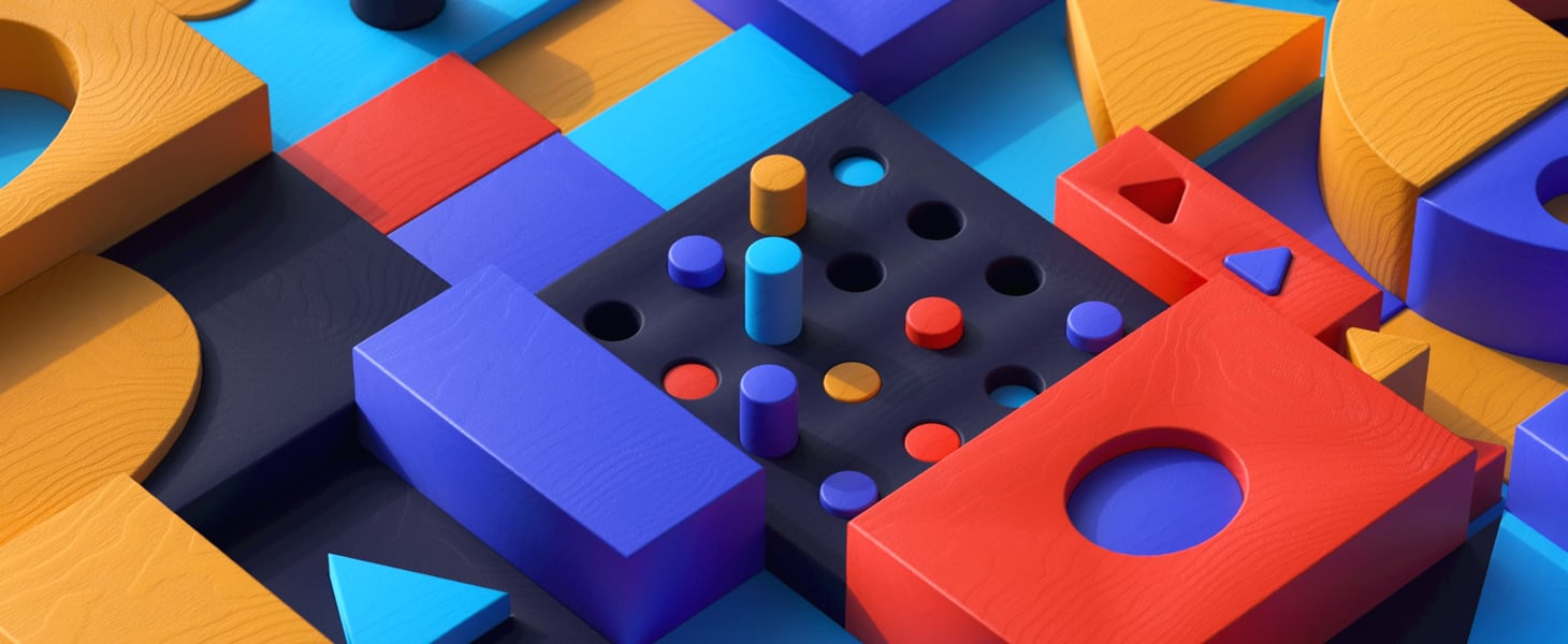 Well-organized colored wooden blocks of many shapes and sizes.